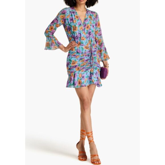 Veronica Beard 'Sean' Floral-Print Ruched Silk Mini-Dress, Lake Blue Multi - Picture 1 of 3